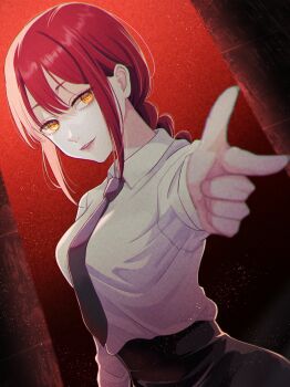 Rule 34 | 1girl, aiming, aiming at viewer, amanegi toro, arm up, black necktie, black pants, blurry, blurry foreground, braid, braided ponytail, breasts, chainsaw man, collared shirt, commentary request, depth of field, dress shirt, eyelashes, finger gun, hair between eyes, high-waist pants, highres, long hair, long sleeves, looking at viewer, makima (chainsaw man), medium breasts, necktie, pants, parted lips, perspective, red background, red hair, ringed eyes, shirt, shirt tucked in, sidelocks, single braid, smile, solo, standing, upper body, white shirt, wing collar, yellow eyes