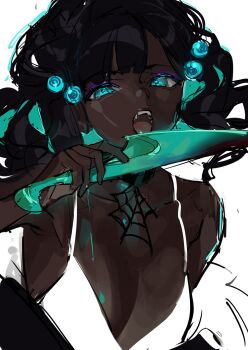 Rule 34 | 1girl, black hair, blue eyes, breasts, choker, cleavage, colored inner hair, commentary, dark skin, dress, dripping, english commentary, eyeshadow, fangs, glowing knife, hair bobbles, hair ornament, highres, holding, holding knife, jumping spider girl (nashidrop), knife, licking, licking blade, licking weapon, long hair, looking at viewer, makeup, medium breasts, messy hair, multicolored hair, nashidrop, open mouth, original, purple eyeshadow, simple background, sketch, solo, upper body, very dark skin, weapon, white background, white dress