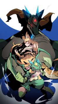 2girls animal_ears blonde_hair cat_ears cat_girl dragon dragon_girl dragon_horns elbow_gloves extra_ears fingerless_gloves full_moon gloves green_hair horns jacket kemono_friends kemono_friends_3 keroro_(kemono_friends) keroro_gunsou long_hair looking_at_viewer moon multiple_girls riri_(dgra3272) serval_(kemono_friends) shirt short_hair shorts skirt sleeveless sleeveless_shirt star_(symbol) tail thighhighs wings