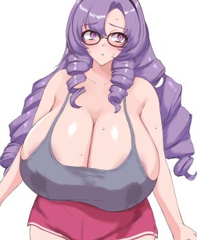 1girl black-framed_eyewear blush breasts camisole cleavage drill_hair drill_sidelocks frown gigantic_breasts glasses grey_camisole hyakumantenbara_salome long_hair milkcarton_man nijisanji pink_eyes pink_shorts purple_hair short_shorts shorts sidelocks solo standing sweat sweat_stain virtual_youtuber white_background