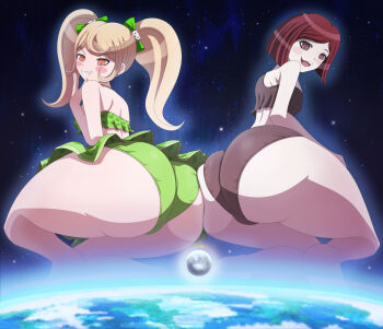 Rule 34 | 2girls, ass, ass-to-ass, ass focus, ass press, bikini, blonde hair, bow, brown eyes, danganronpa (series), earth (planet), giant, giantess, green bow, hand up, huge ass, looking back, looking down, moon, multiple girls, official alternate costume, open mouth, orange eyes, planet, red hair, saionji hiyoko, short hair, smile, squatting, swimsuit, thedaibajin, turning head, twintails, yumeno himiko