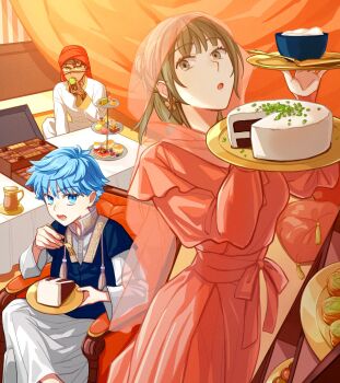 Rule 34 | 1girl, 2boys, alternate costume, angra mainyu (fate), arabian clothes, blue eyes, blue hair, bowl, breasts, brown eyes, brown hair, cake, chair, crossed legs, cup, curtains, dark-skinned male, dark skin, dessert, dress, earrings, eating, fate/grand order, fate (series), figure four sitting, food, fork, full-body tattoo, hans christian andersen (fate), highres, holding, holding fork, holding plate, indian style, jewelry, long dress, medium breasts, multiple boys, original, pillow, plate, red dress, red veil, shelf, shibakou, sitting, table, tattoo, turban, veil