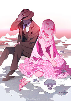 1boy 1girl aircraft airplane barbenheimer_(meme) barbie_(character) barbie_(franchise) barbie_(live_action) black_hat black_jacket black_necktie black_pants black_shoes black_suit blue_eyes breasts closed_mouth commentary dress english_commentary flower flower_necklace formal_clothes hand_on_headwear hat high_heel_sandals high_heels jacket jewelry julius_robert_oppenheimer long_hair long_sleeves looking_down lydialing_draws meme mushroom_cloud necklace necktie open_clothes open_jacket oppenheimer_(movie) own_hands_together pants pink_dress pink_hair pink_sandals sandals shoes sitting sleeveless sleeveless_dress small_breasts suit