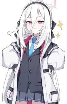 Rule 34 | 1girl, absurdres, blue archive, blue necktie, closed mouth, collared shirt, commentary request, cowboy shot, grey jacket, grey skirt, hair between eyes, halo, hands on own hips, highres, jacket, kei (blue archive), long hair, long hair between eyes, long sleeves, looking at viewer, minarin (393939min), miniskirt, necktie, open clothes, open jacket, pink eyes, pink halo, pleated skirt, shirt, simple background, skirt, smile, solo, sparkle, standing, white background, white hair, white jacket