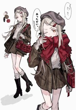 1girl bag belt belt_buckle beret black_belt black_boots black_ribbon boots brown_skirt buckle colored_eyelashes commentary_request full_body gakuen_idolmaster grey_hair grey_hat hair_ornament hair_ribbon hairclip hand_up hat high_heels highres hisato_00 holding_strap idolmaster jacket jewelry kneehighs lapels long_hair long_sleeves looking_at_viewer miniskirt multiple_views necklace one_eye_closed open_clothes open_jacket open_mouth orange_eyes parallel_hairclips parted_bangs plaid_clothes plaid_jacket plaid_skirt red_bag red_scarf ribbon scarf shinosawa_hiro shoulder_bag simple_background skirt socks standing standing_on_one_leg sweater translation_request turtleneck turtleneck_sweater twintails white_background white_socks white_sweater