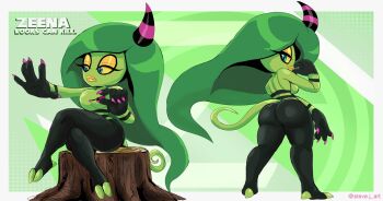 1girl 2025 alternate_breast_size_(larger) arm_up artist_name ass black_skin blue_eyes breasts character_name colored_sclera colored_skin commentary crossed_legs english_commentary eyeshadow feet female_focus fingernails full_body green_hair green_skin grin hair_spread_out half-closed_eyes highres horns huge_ass large_breasts long_hair makeup monster_girl nail_polish no_nose oni outside_border painting_nails pink_nails purple_trim sega sharp_fingernails simple_background single_horn smile sonic_(series) sonic_lost_world standing steve_j_art tail thick_lips thick_thighs thighs tree_stump very_long_hair wide_hips yellow_eyeshadow yellow_lips yellow_sclera zeena