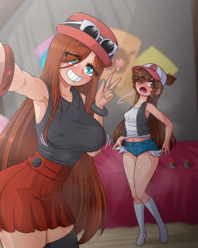 2girls absurdres aged_up arms_at_sides bare_legs bare_shoulders baseball_cap black_shirt black_thighhighs black_vest blue_eyes blue_shorts blush breasts brown_eyes brown_hair collarbone cosplay covered_erect_nipples cowboy_shot denim denim_shorts el_chasconsito embarrassed eyelashes eyes_visible_through_hair eyewear_on_headwear female_focus freckles full_body gravity_falls grin hand_up hat high-waist_skirt highres hilda_(pokemon) hilda_(pokemon)_(cosplay) kneehighs large_breasts long_hair looking_at_viewer looking_back mabel_pines mega_ring multiple_girls nintendo open_mouth outstretched_arm petite pleated_skirt pokemon pokemon_bw pokemon_xy porkpie_hat red_hat red_skirt selfie serena_(pokemon) serena_(pokemon)_(cosplay) shirt shorts skirt sleeveless sleeveless_shirt small_breasts smile smug socks standing sunglasses teeth textless_version thighhighs thighs two-tone_hat v vest wendy_corduroy white-framed_eyewear white_hat white_shirt white_socks wide_hips zettai_ryouiki