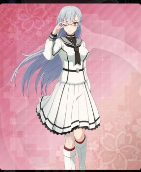 1girl adjusting_eyewear ayanokouji_martial_arts_school_uniform belt black_belt black_neckerchief blue_hair boots braid breasts closed_mouth dot_nose floral_background game_cg glasses grey_sailor_collar half_up_braid kitora_mirja large_breasts long_hair long_sleeves looking_at_viewer neckerchief official_art one_eye_closed pink_background purple-framed_eyewear red_thighhighs sailor_collar school_uniform serafuku shirt skirt solo thigh_boots thighhighs third-party_source toji_no_miko toji_no_miko:_kizamishi_issen_no_tomoshibi walking white_boots white_serafuku white_shirt white_skirt yellow_eyes zettai_ryouiki