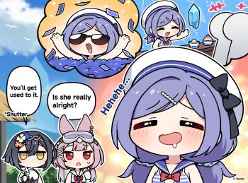 +++ 2others 3girls :d ^_^ amber_(stella_sora) banknote beret bikini black_hair blue_bow blue_bowtie blue_hair blue_sailor_collar blue_scrunchie blush bob_cut bow bowtie cellphone closed_eyes colored_tips commentary drooling english_commentary english_text flip_phone food gradient_hair hair_ornament hair_scrunchie hairclip hat hat_bow highres holding holding_phone inverted_bob iris_(stella_sora) jitome karin_(stella_sora) long_hair low_twintails money multicolored_hair multiple_girls multiple_others official_alternate_costume official_art one-piece_swimsuit open_mouth phone pink_hair polka_dot polka_dot_scrunchie purple_hair raised_inner_eyebrows red_eyes sailor_bikini sailor_collar scrunchie shaved_ice smile speech_bubble stella_sora striped_bikini striped_clothes sunglasses swimsuit taking_picture traditional_bowtie twintails white_hat white_one-piece_swimsuit yellow_eyes