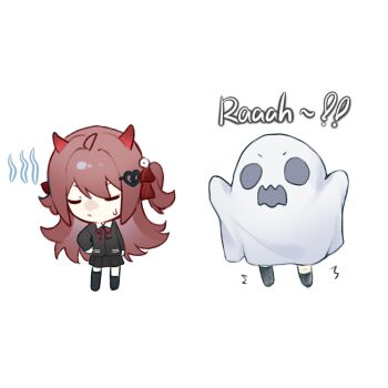 Rule 34 | 2girls, ahoge, asymmetrical legwear, black cardigan, black skirt, black socks, bow, bowtie, brown hair, cardigan, chibi, chibi only, closed eyes, closed mouth, collared shirt, commentary request, demon horns, english text, evil neuro-sama, ghost costume, hair between eyes, hair ribbon, hand on own hip, highres, horns, long sleeves, multiple girls, neuro-sama, red bow, red bowtie, red ribbon, ribbon, roaring, sheet ghost, shirt, siblings, simple background, sisters, skirt, socks, standing, sweatdrop, twins, two side up, uneven legwear, v-shaped eyebrows, vedal ai, virtual youtuber, white background, white shirt, yebiyo1206