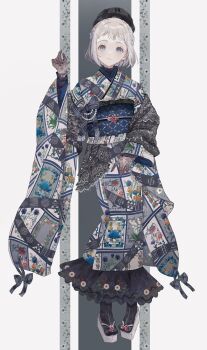 1girl beret black_gloves black_hat black_socks blue_bow blue_hair blue_ribbon bow braid closed_mouth commentary_request floral_print floral_print_kimono full_body furisode gakuen_idolmaster gloves grey_hair grey_shawl hair_ribbon half_up_braid hand_up hat idolmaster japanese_clothes katsuragi_lilja kimono lace lace_gloves long_sleeves looking_at_viewer obi obiage obijime oden100 okobo plaid_bow plaid_hat platform_sandals print_kimono ribbon ribbon_braid sandals sash shawl short_hair smile socks solo tabi white_background white_sandals wide_sleeves