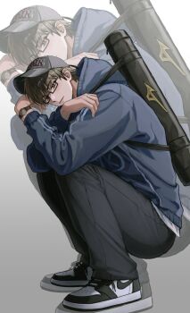 1boy ace_20181 ace_of_diamond bag baseball_cap black-framed_eyewear black_pants blue_hoodie brown_hair commentary from_side glasses hat highres hood hood_down hoodie male_focus miyuki_kazuya pants rectangular_eyewear semi-rimless_eyewear short_hair solo squatting under-rim_eyewear watch wristwatch zoom_layer