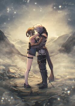 Rule 34 | 1boy, 1girl, aerith gainsborough, aerith gainsborough (garb of the possessed), arms around waist, arms at sides, black boots, black gloves, black sash, black shoes, blue neckerchief, blue sleeves, boots, braid, braided hair rings, breasts, brown hair, cosplay, couple, dated, final fantasy, final fantasy vii, final fantasy vii: ever crisis, full body, fur trim, gloves, grey hair, hair rings, hetero, high heels, highres, kaine (nier), kaine (nier) (cosplay), kay-i, long hair, looking at another, medium breasts, neckerchief, nier (brother), nier (brother) (cosplay), official alternate costume, official alternate hairstyle, outdoors, panties, parted bangs, pumps, sash, sephiroth, sephiroth (ever crisis), sephiroth (garb of the world-ender), shoes, short hair, sidelocks, single bare shoulder, thigh strap, twitter username, underwear, waist sash, white panties