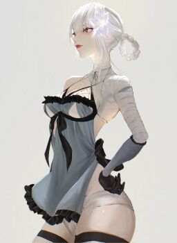 Rule 34 | 1girl, bandaged arm, bandaged neck, bandages, braid, braided hair rings, breasts, commentary, eyelashes, flower, gohanndaisukias, hair flower, hair ornament, hair rings, hand on own hip, highres, kaine (nier), long hair, looking ahead, medium breasts, nier, nier (series), panties, red lips, simple background, solo, standing, underwear, white background, white flower, white hair, white panties, yellow eyes