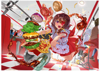 6+girls :o absurdres accident aoi_erika apron artist_name asakura_karen_(heaven_burns_red) black_boots black_hair black_skirt blonde_hair blush boots border brown_boots bungo_yayoi burger cheese clumsy cola commentary_request eyepatch falling food foreshortening french_fries frilled_apron frills full_body glass glasses glint green_eyes grey_hair hair_between_eyes heart heart_eyepatch heaven_burns_red highres hiiragi_kozue hitodama indoors izumi_yuki_(heaven_burns_red) kayamori_ruka kneehighs lace-up_boots long_hair looking_at_another looking_at_food medium_hair miniskirt misonikomi_ss multiple_girls narby_(heaven_burns_red) on_stool one_eye_covered open_mouth outstretched_arms outstretched_hand pleated_skirt print_apron purple_eyes red_eyes red_skirt red_thighhighs restaurant salad shirt short_hair short_sleeves sitting skirt socks solo_focus standing standing_on_one_leg star_(symbol) star_print stool striped_clothes striped_shirt sweatdrop teeth thighhighs tomato tomato_slice tray vertical-striped_clothes vertical-striped_shirt waitress watermark white_apron white_boots white_border white_shirt yamawaki_bon_ivar zettai_ryouiki