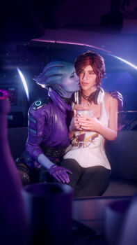 2girls 3d absurdres alien black_pants blender_(medium) blue_skin brown_hair colonel_yobo colored_skin cup gloves hand_on_another's_thigh headphones headphones_around_neck highres holding holding_cup jacket kiss kissing_cheek mass_effect:_andromeda mass_effect_(series) multiple_girls pants pelessaria_b'sayle purple_gloves purple_jacket sara_ryder tank_top white_tank_top yuri