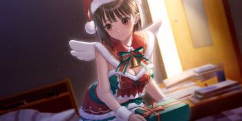 1girl alarm_clock averting_eyes bed bedroom bell blue_reflection_(series) blue_reflection_sun bow box breasts brown_eyes brown_hair capelet christmas cleavage clock closed_mouth cowboy_shot crop_top dark_room desk digital_clock dutch_angle fake_wings fur-trimmed_capelet fur-trimmed_headwear fur-trimmed_skirt fur_trim game_cg gift gift_box green_bow green_skirt hat highres holding holding_gift hoshizaki_ao indoors kishida_mel large_breasts layered_skirt leaning_forward midriff navel neck_bell non-web_source official_art open_door paper_stack red_capelet red_hat red_skirt santa_hat short_hair skirt small_sweatdrop solo striped_bow white_wings white_wrist_cuffs wings wooden_door wrist_cuffs