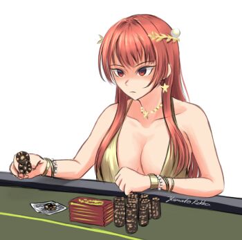 1girl azur_lane bracelet breasts casino_card_table commentary_request cosplay dress earrings empty_eyes evening_gown gold_dress hair_down jewelry kantai_collection large_breasts laurel_crown name_connection necklace nevada_(a_magnificent_banquet)_(azur_lane) nevada_(azur_lane) nevada_(azur_lane)_(cosplay) nevada_(kancolle) one-hour_drawing_challenge pearl_necklace plunging_neckline poker_chip red_eyes red_hair rekka_yamato simple_background solo star_(symbol) star_earrings table white_background