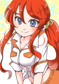 Rule 34 | absurdres, arm support, blue eyes, blush, breast pocket, freckles, gemini sunrise, hair tie, highres, midriff, official alternate costume, orange pants, orizume (oridume), pants, pocket, ponytail, red hair, sakura taisen, sakura taisen v, shirt, sidelocks, sleeves rolled up, smile, tied shirt, white shirt