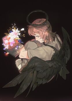 1boy black_background black_wings brown_hair classicaloid closed_mouth computer fake_halo flower frederic_chopin_(classicaloid) full_body grey_pants grey_shirt halo highres knees_to_chest laptop lily_(flower) looking_at_viewer looking_back male_focus octahooves pants sandals shirt short_hair solo white_flower wings
