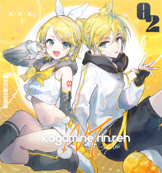 1boy 1girl absurdres bare_shoulders black_shorts black_socks blonde_hair blue_eyes bow bowtie brother_and_sister crop_top crop_top_overhang crossed_legs detached_sleeves fingerless_gloves gloves hand_up headphones highres hood hood_down hooded_shirt kagamine_len kagamine_len_(nt) kagamine_rin kagamine_rin_(nt) kneehighs long_sleeves looking_at_viewer midriff miniskirt navel open_mouth piapro_studio shirt shoes short_hair shorts shoulder_tattoo siblings skirt sleeveless sleeveless_shirt smile socks soyoong_jun stomach tattoo thighs tongue tongue_out twins vocaloid white_shirt white_shoes white_skirt yellow_background
