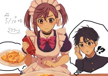 Rule 34 | !?, 1boy, 1girl, apron, ayase momo, black choker, black dress, black hair, blush, bottle, bow, bowtie, breasts, brown eyes, brown hair, choker, commentary request, crossed bangs, dandadan, dated, dress, food, food writing, gakuran, glasses, hair between eyes, holding, holding bottle, ketchup bottle, maid, maid apron, maid day, maid headdress, medium breasts, nandemo unknown, official alternate costume, official alternate hairstyle, pink bow, pink bowtie, plate, puffy short sleeves, puffy sleeves, round eyewear, school uniform, short hair, short sleeves, simple background, single sidelock, sweatdrop, takakura ken (dandadan), twintails, upper body, white background