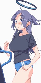 1girl animated animated_gif black_shirt blew_andwhite blue_archive blue_buruma blush bouncing_breasts breasts breath buruma commentary_request exercising gym_uniform halo heavy_breathing large_breasts long_hair looking_at_viewer looping_animation official_alternate_costume open_mouth ponytail purple_eyes purple_hair running shirt simple_background solo sticker sticker_on_face sweat treadmill white_background yuuka_(blue_archive) yuuka_(track)_(blue_archive)