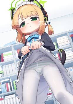 1girl animal_ear_headphones animal_ears artist_name black_dress blonde_hair blue_archive blue_bow blush bookshelf bow cat_ear_headphones cat_ears cat_tail clothes_lift commentary_request crotch_seam dress dress_lift fake_animal_ears fake_tail frilled_dress frills from_below green_eyes green_halo green_panties halo headphones highres indoors kokone_(coconeeeco) lifting_own_clothes loli long_sleeves looking_at_viewer maid maid_headdress midori_(blue_archive) midori_(maid)_(blue_archive) official_alternate_costume open_mouth paid_reward_available panties panties_under_pantyhose pantyhose partial_commentary revision short_hair signature solo standing striped_clothes striped_panties tail thighband_pantyhose twintails underwear white_pantyhose