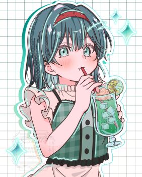 Rule 34 | 1girl, blush, buttons, center-flap bangs, colored shadow, commentary, cup, double-parted bangs, dress, drinking, drinking straw, drinking straw in mouth, drop shadow, eyelashes, food, frilled dress, frills, fruit, green eyes, green hair, green shirt, grid background, hair between eyes, hair intakes, hairband, highres, holding, holding cup, holding drinking straw, ice, ice cream, ice cream float, ice cube, koharusame, lemon, lemon slice, looking at viewer, medium hair, original, outline, plaid clothes, plaid shirt, poco grande glass, red hairband, sample watermark, shadow, shirt, sideways glance, sleeveless, sleeveless dress, sleeveless shirt, solo, sparkle, upper body, watermark, white background, white outline