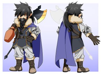 alcohol axe black_hair blue_cape boots braid braided_beard brown_eyes cape commission dwarf elbow_pads facial_hair from_behind fur-trimmed_boots fur-trimmed_gloves fur_trim gloves gourd grey_pants highres holding holding_gourd nn_mr original pants pointy_ears ponytail skeb_commission