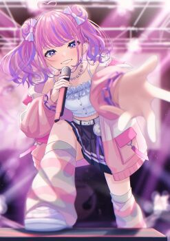 1girl absurdres ahoge amagasaki_ame belt black_skirt blurry blurry_background blush bow breasts commentary_request double_bun grin hair_bow hair_bun heart heart_ahoge highres holding holding_microphone jacket leg_warmers medium_hair microphone multicolored_hair open_clothes open_jacket outstretched_arm parallel_artist_project pink_hair pink_jacket pleated_skirt purple_eyes purple_hair shoes skirt smile solo stage streaked_hair striped_bow striped_leg_warmers teeth torzzei twintails virtual_youtuber white_belt