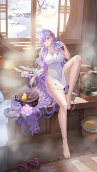 1girl :o barefoot breasts bucket character_request cleavage collarbone fingernails flower flower_request hair_ornament highres houchi_shoujo indoors large_breasts leg_up long_hair looking_at_viewer milk_carton nail_polish official_art pale_skin purple_eyes purple_flower purple_hair purple_nails rubber_duck sandals sauna sitting snow steam toenail_polish toenails tree unworn_sandals very_long_hair water wavy_hair winter
