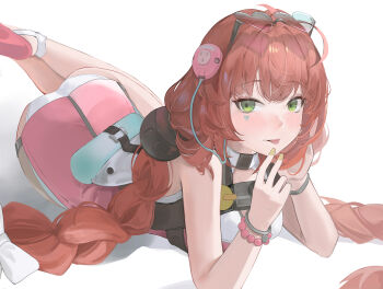 1girl ass blush bracelet braid braided_twintails camera camera_around_neck commentary_request eyewear_on_head facial_mark gradient-tinted_eyewear green_eyes hair_ornament hearing_aid heart heart-shaped_eyewear heart_facial_mark highres jewelry long_hair looking_at_viewer lying nononae official_alternate_costume on_stomach one-piece_swimsuit pink_one-piece_swimsuit red_hair simple_background solo sphere_hair_ornament swimsuit tinted_eyewear tongue tongue_out ukinami_yuzuha ukinami_yuzuha_(tanuki_in_broad_daylight) white_background yellow_nails zenless_zone_zero