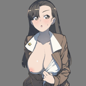 10s 1girl :o asymmetrical_bangs black_hair blouse blush breasts breasts_out brown_eyes brown_jacket chi-hatan_military_uniform cleavage clothes_pull collar_tug collarbone embarrassed female_focus flashing girls_und_panzer grey_background highres jacket large_breasts long_hair long_sleeves looking_at_viewer looking_away military military_uniform nipples nishi_kinuyo no_bra one_breast_out onsen_tamago_(hs_egg) open_clothes open_jacket open_mouth oppai_challenge presenting_breasts pulling_own_clothes shirt shirt_pull simple_background solo sweatdrop upper_body white_shirt