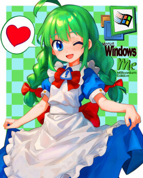Rule 34 | 1girl, ;d, absurdres, ahoge, apron, blue dress, blue eyes, border, bow, bowtie, braid, collared dress, commentary, dress, english commentary, green hair, hair bow, heart, highres, long hair, looking at viewer, me-tan, microsoft windows, mixed-language commentary, one eye closed, open mouth, os-tan, puffy short sleeves, puffy sleeves, red bow, red bowtie, short sleeves, skirt hold, smile, solo, speech bubble, spoken heart, tsukiyono aroe, twin braids, white apron, white border, windows classic, windows me