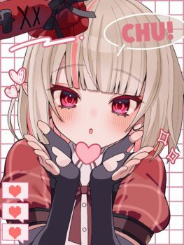 1girl amano35697 black_bow black_gloves blowing_kiss blunt_bangs blush bob_cut bow clothing_cutout colored_inner_hair dress elbow_gloves fingerless_gloves glove_cutout gloves grey_hair grid_background hands_up hat hat_bow heart heart_cutout idol_clothes looking_at_viewer makaino_ririmu medium_hair mini_hat multicolored_hair nijisanji official_alternate_costume official_alternate_hairstyle parted_lips pink_hair plaid_clothes plaid_dress plaid_sleeves pointy_ears portrait puffy_short_sleeves puffy_sleeves rabbit_ear_headwear red_dress red_eyes red_sleeves short_sleeves solo speech_bubble streaked_hair virtual_youtuber white_background