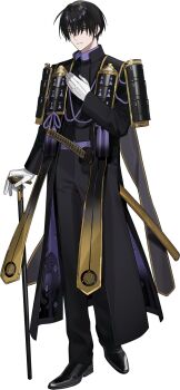 1boy armor atakigiri_(touken_ranbu) belt black_coat black_hair black_scarf black_shirt black_shoes buttons cane coat coattails collar dress_shoes expressionless full_body furrowed_brow gloves gold_trim gradient_scarf hair_over_eyes hand_on_own_chest high_collar highres holding holding_cane itefu japanese_armor katana long_coat long_sleeves looking_at_viewer male_focus multicolored_coat official_art open_clothes open_coat pale_skin parted_lips pauldrons print_coat print_scarf purple_belt purple_coat purple_collar purple_eyes purple_rope rope scabbard scarf sheath shirt shoes short_hair shoulder_armor sode solo standing stole sword tachi-e tailcoat tassel third-party_source touken_ranbu transparent_background two-tone_coat uchigatana variant_set weapon white_gloves yellow_scarf
