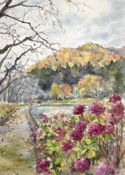 bare_tree flower forest grey_sky highres hill mountain nature no_humans ooy33151086 original painting_(medium) path purple_flower railing road scenery sky traditional_media tree water watercolor_(medium)