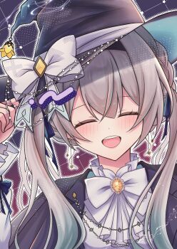 1girl absurdres black_hairband blue_ribbon blush bow closed_eyes firefly_(honkai:_star_rail) frilled_sleeves frills gradient_hair grey_hair hair_between_eyes hair_bow hair_intakes hair_ribbon hairband hand_on_own_hat hat hat_bow highres honkai:_star_rail honkai_(series) long_hair long_sleeves multicolored_hair open_mouth ribbon smile solo str_sawa teeth twintails upper_teeth_only white_sleeves witch_hat