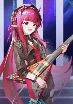 1girl absurdres ambience_synesthesia arknights black_hat black_jacket black_necktie black_skirt bracelet chinese_commentary commentary commentary_request demon_girl demon_horns demon_tail electric_guitar fretless_guitar fretless_instrument gibson_flying_v guitar hat highres holding holding_guitar holding_instrument horns instrument jacket jewelry long_hair looking_at_viewer music necktie official_alternate_costume open_clothes open_jacket open_mouth playing_guitar playing_instrument pointy_ears red_eyes red_hair red_shirt sakuratani_hane shirt shoulder_spikes single_leg_pantyhose skirt smile solo spikes standing studded_bracelet tail thigh_strap twitter_username vigna_(arknights) vigna_(black_wave)_(arknights)