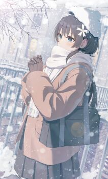 1girl absurdres alternate_costume bag black_hair black_shirt blue_eyes brown_coat brown_gloves coat flower gloves hair_flower hair_ornament hat highres long_hair outdoors pension_z pleated_skirt saten_ruiko scarf school_bag shirt skirt snow snowing solo toaru_kagaku_no_railgun toaru_majutsu_no_index white_hat white_scarf winter_clothes winter_coat