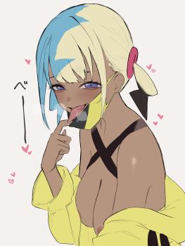 1girl absurdres aqua_hair bandeau black_mask blonde_hair breasts breath canari_(pokemon) commentary_request criss-cross_halter dera_self halterneck highres jacket looking_at_viewer mask mask_pull mouth_mask multicolored_hair nintendo nipples pokemon pokemon_legends:_z-a short_twintails solo split-color_hair steam sweat tongue tongue_out twintails two-tone_mask upper_body yellow_bandeau yellow_jacket yellow_mask