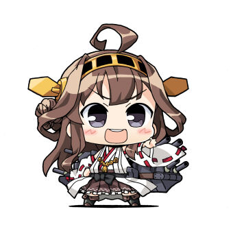 1girl ahoge brown_hair chibi detached_sleeves double_bun full_body hair_bun headgear highres japanese_clothes kantai_collection kongou_(kancolle) kongou_pose long_hair machinery nontraditional_miko open_mouth ribbon-trimmed_sleeves ribbon_trim round_teeth simple_background smile solo standing teeth upper_teeth_only white_background yagumo_kengou