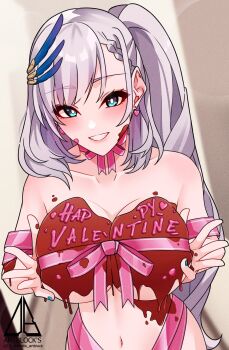 Rule 34 | 1girl, absurdres, blanc (studio artblock), braid, breasts, chocolate, chocolate on body, chocolate on breasts, food on body, grey hair, hair ornament, happy valentine, highres, hololive, hololive indonesia, large breasts, long hair, looking at viewer, pavolia reine, valentine, virtual youtuber