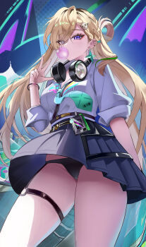 1girl absurdres aqua_necktie black_panties black_skirt blonde_hair blowing_bubble_gum braid braided_bangs breasts chewing_gum commentary earrings hair_ornament hand_up headphones headphones_around_neck highres id_card jewelry long_hair looking_at_viewer luto lynae_(wuthering_waves) medium_breasts necktie panties purple_eyes shirt shirt_tucked_in skirt skull_hair_ornament solo star_(symbol) star_earrings thighs underwear upskirt w white_shirt wind wuthering_waves