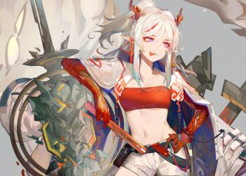 Rule 34 | 1girl, arknights, breasts, chinese commentary, colored extremities, commentary request, dragon girl, dragon horns, earrings, eastern dragon horns, hand fan, holding, holding fan, horns, jacket, jewelry, long hair, medium breasts, midriff, multicolored hair, navel, nian (arknights), planted, planted sword, planted weapon, pointy ears, purple eyes, red hair, red hands, red horns, red tube top, short shorts, shorts, solo, strapless, sword, tameng official, tongue, tongue out, tube top, two-tone hair, weapon, white hair, white jacket, white shorts