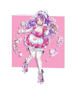 1girl apron artist_name braid breasts cake cleavage cup cupcake dress food frilled_dress frills gloves grey_eyes hair_ornament hair_ribbon heart heart-shaped_pupils highres holding holding_plate inline_skates large_breasts long_hair macaron maid_headdress michi_mochievee milkshake multicolored_hair name_tag open_mouth pink_dress pink_pupils pink_ribbon plate purple_hair ribbon roller_skates skates smile solo spilling srinitybeast stitched_face stitches streaked_hair symbol-shaped_pupils teacup thighhighs torn_clothes torn_thighhighs virtual_youtuber vshojo waist_apron white_apron white_gloves white_hair white_thighhighs