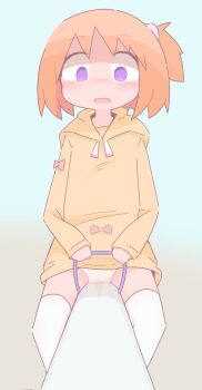 1girl blush fang female_focus gradient_background hood hood_down hoodie klu_(kantol) loli no_pants open_mouth orange_hair original panties pantyshot pee_stain peeing peeing_self purple_eyes side_ponytail solo stained_panties straddling tears thighhighs underwear white_panties white_thighhighs yellow_hoodie