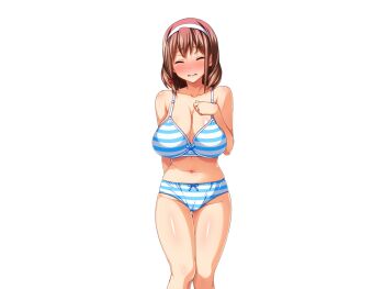 Rule 34 | 1girl, arm behind back, blue panties, blush, bow, bow bra, bow panties, bra, breasts, brown hair, cameltoe, cleavage, closed eyes, collarbone, embarrassed, feet out of frame, full-face blush, furrowed brow, groin, hair between eyes, hairband, hand on own chest, head tilt, hinomoto koharu, kedamono-tachi no sumu ie de, knees, knees together feet apart, medium hair, navel, nervous, open mouth, panties, parted lips, raised inner eyebrows, sidelocks, simple background, sleeveless, standing, stomach, striped bra, striped clothes, striped panties, takeda hiromitsu, thighs, transparent background, underwear, underwear only, white hairband