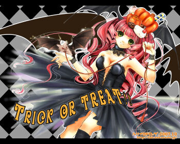 Rule 34 | 1girl, argyle background, argyle clothes, bat (animal), black dress, dress, female focus, goth fashion, green eyes, halloween, hatoyama rin, hatoyama ryo, head wings, leash, long hair, original, pet, pink hair, solo, split mouth, trick or treat, wings